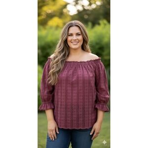 Lane Bryant Eyelet Ruffle Blouse Lined Puff Sleeve Feminine Womens 22/24